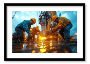 High contrast image of workers operating drilling equipment at dusk, showcasing teamwork and industrial activity. scene captures intensity of oil extraction