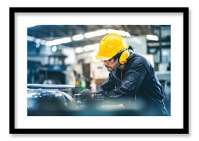 Industrial Engineers in Hard Hats.Work at the Heavy Industry Manufacturing Factory.industrial worker indoors in factory. man working in an industrial factory.Safety first concept.