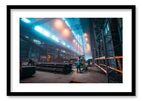 Metallurgical plant or Steel Factory, Large Workshop Interior with industrial cranes and workers, Heavy Industry, Iron and Steelmaking.