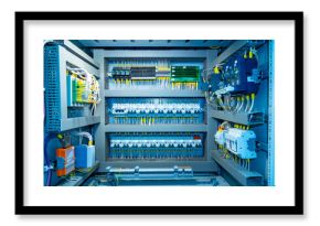 Switchboard equipment. Shield for enterprise automation. Concept - equipment for automation of equipment at enterprise. Panel with wires and switches at enterprise. Automation of production.