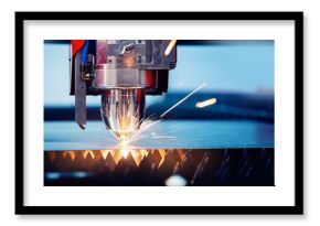 Blue color Laser CNC cut of metal with light spark, technology modern industrial banner