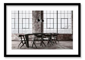 Three dimensional render of modern dining table standing in front of windows inside industrial loft