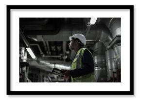 African american male engineer inspecting an industrial plant room