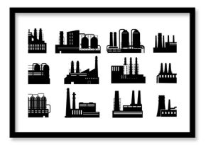 Black factories. Buildings silhouettes with pipes. Industry production and power plants. Chemical equipment and manufacturing construction. Vector industrial architecture signs set