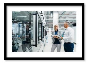 Businesswoman discussing with coworker at industrial machinery