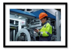 Engineer looking tablet computer in energy company. Modern factory concept.