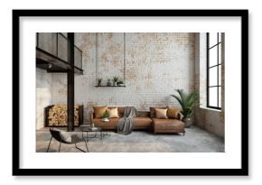 Industrial loft living room interior with sofa,chair and brick wall.3d rendering