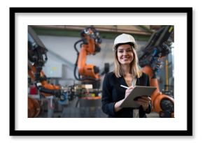 Female chief engineer in modern industrial factory using tablet and making audit.