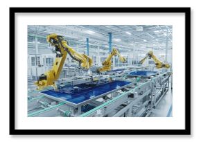 Large Production Line with Industrial Robot Arms at Modern Bright Factory. Solar Panels are being Assembled on Conveyor. Automated Manufacturing Facility