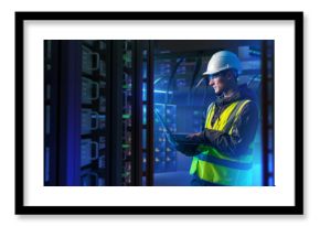 Man with laptop in server room. System administrator for industrial companies. Guy with computer. Server racks emit neon light. Maintenance industrial server equipment. Man in helmet in data center
