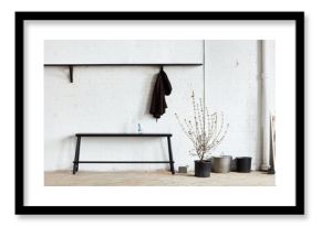 Bench, shelf, coatrack in industrial space