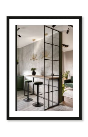 Modern apartment with industrial style glass wall