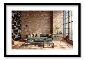 Living room loft in industrial style ,3d render