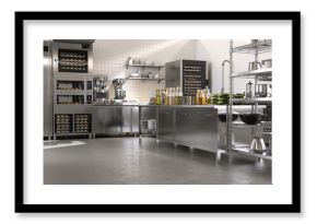 New, clean resin vinyl floor of commercial, professional bakery kitchen, stainless steel convection, bread in deck oven, freezer, refrigerator, kneading machine, cabinet, table background 3D