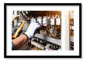 Electricity and electrical maintenance service, Engineer hand checking electric current voltage at circuit breaker terminal and cable wiring in main power distribution board.