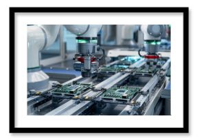 Component Installation and Quality Control of Circuit Board. Fully Automated PCB Assembly Line Equipped with High Precision Robot Arms at Electronics Factory. Electronic Devices Manufacturing Industry