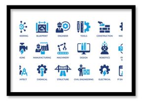 Engineering icon set. Containing blueprint, engineer, tools, construction, mechanical, industrial, worker, engine, manufacturing and machinery icons. Solid icon collection. Vector illustration.