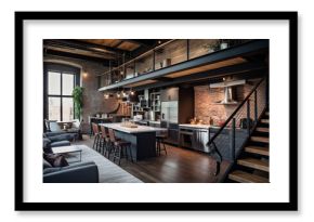 Side view on a wooden table and spacious industrial loft kitchen with vintage decor and black cabinets
