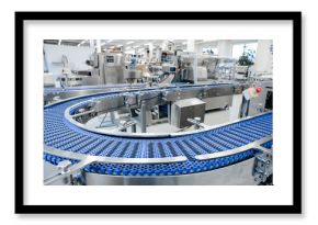 Empty modern conveyor belt of production line, part of industrial equipment in factory plant. Automatic system line