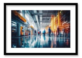 Modern industrial warehouse with advanced equipment for automotive production, bustling with activity, under bright blue lights.