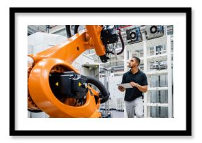 Technician examining industrial robot in a factory