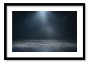 A dark room with a concrete floor and a spotlight. Suitable for dramatic or mysterious themed designs, theater and event promotion, and creative storytelling visuals. empty dark blue room