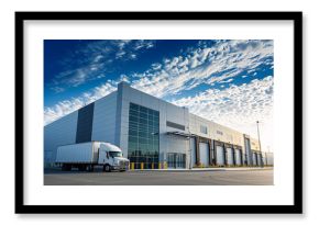 A truck parked in front of an industrial logistics building