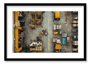 A busy industrial warehouse from above. forklifts and cargo in action. logistics and commerce. bird's eye view of organized chaos. AI