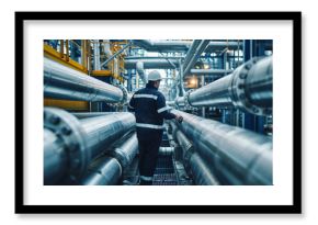 A worker in protective gear examining large pipelines at an industrial plant.