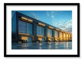 Modern industrial warehouse exterior with large solar panels and blue sky