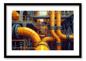 Complex maze of orange industrial pipes at a chemical processing plant