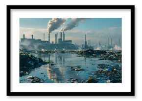 Severe industrial pollution with a littered waterfront and smokestacks in the background, emphasizing environmental issues