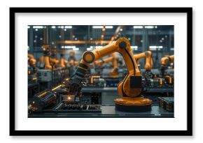 Robotic Assembly Line in High-Tech Factory,A row of yellow industrial robots performing tasks on a high-tech assembly line in a modern factory setting.  