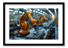 An advanced industrial robot arm operates on a manufacturing line in a modern factory environment