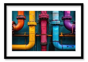 Colorful but old gas pipes with rust. Symmetrical industrial shot