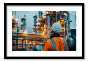 Back view of engineer wearing safety clothes and hardhat at  petroleum, chemical, hydrogen industrial plant. Industrial zone area