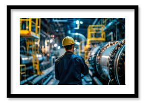 Engineer in uniform at factory works with equipment and checks it