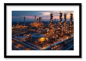 Aerial view of a brightly illuminated industrial refinery complex at dusk, showcasing towering structures and interconnected pipelines against a twilight sky