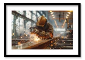 A welder works on a metal beam in a factory, sparks flying from his welding torch.