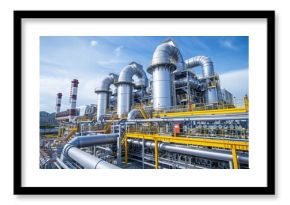 A wide shot of a large industrial plant with multiple tall towers and an extensive network of pipes. The plant is made of steel and is surrounded by a blue sky.