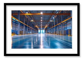 A large industrial warehouse with a bright blue floor and orange lights