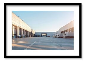A panoramic view of a modern industrial warehouse with multiple loading docks and trucks parked, captured at sunset.