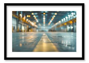 Slightly blurred and defocused background for your design. Piece of empty typical industrial space. Concept of manufacture, warehouse, storage, factory space. Copy space. Wide panoramic image.