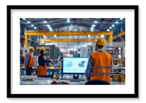 Industrial Factory Workers Using Computers for Data Analysis and Process Monitoring in Modern Manufacturing Facility