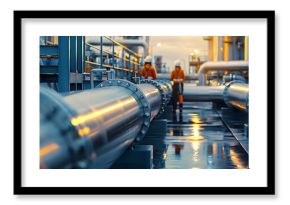 Two workers inspect large pipes at an industrial plant. The setting sun casts a warm glow on the scene.