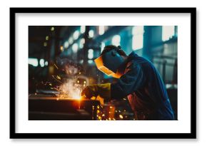 Close-up of workers working on a production line inside a heavy industrial factory. 