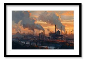 Highway and factory, industrial buildings, smokestacks, urban landscape