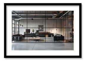 Modern office interior with glass walls, black leather sofas, and concrete floor. Features minimalist industrial design for a modern business workspace concept in industrial style.