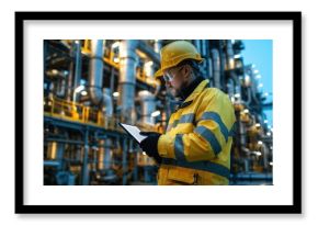 A worker in safety gear checks data on a tablet at an industrial site, showcasing modern technology in oil and gas operations.