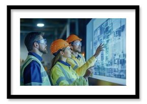 Engineering Innovation: A team of engineers wearing safety glasses and hard hats collaborate on a large digital screen, showcasing their expertise in a modern industrial setting. 